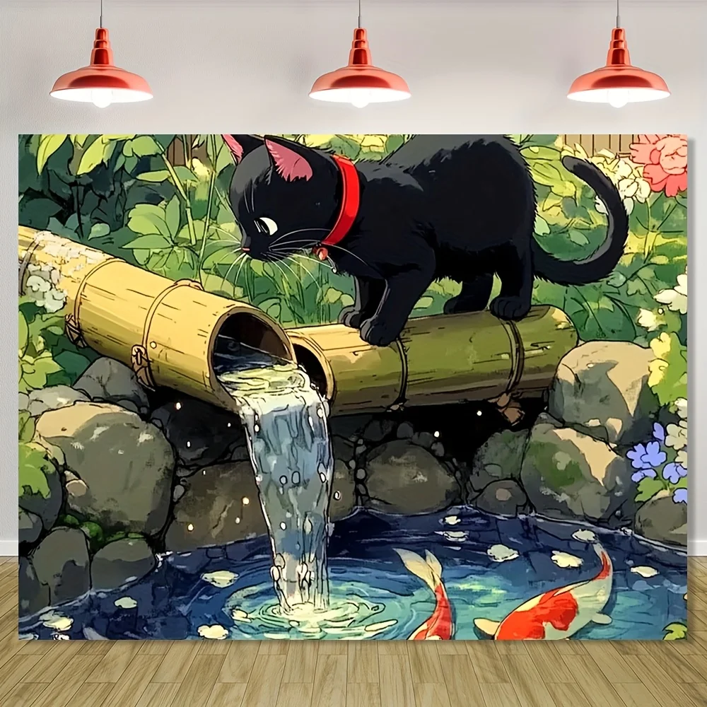 

Черный кот бамбуковый водопад гобелен настенный художественный декор японский сад сцена с рыбой кои для гостиной спальни
