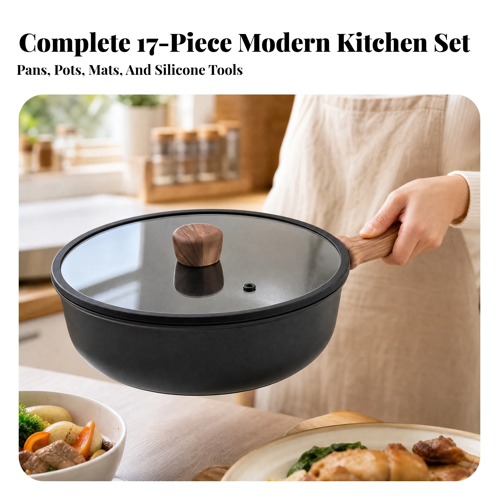 Deep Skillet Multi-Purpose Deep-Body Wok with Wood-Grain Handle Cookware for Home Cooks, Stovetop Cooking, Simmering
