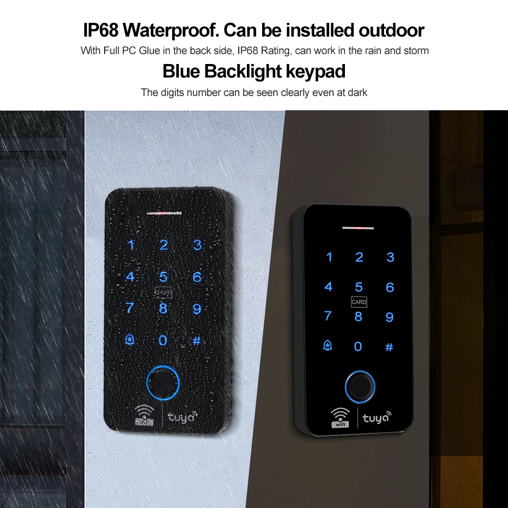 WiFi Tuya Fingerprint Access Controller Outdoor Waterproof Standalone RFID Keypad System 125KHz 13.56MHz WG26 Smart APP Unlock