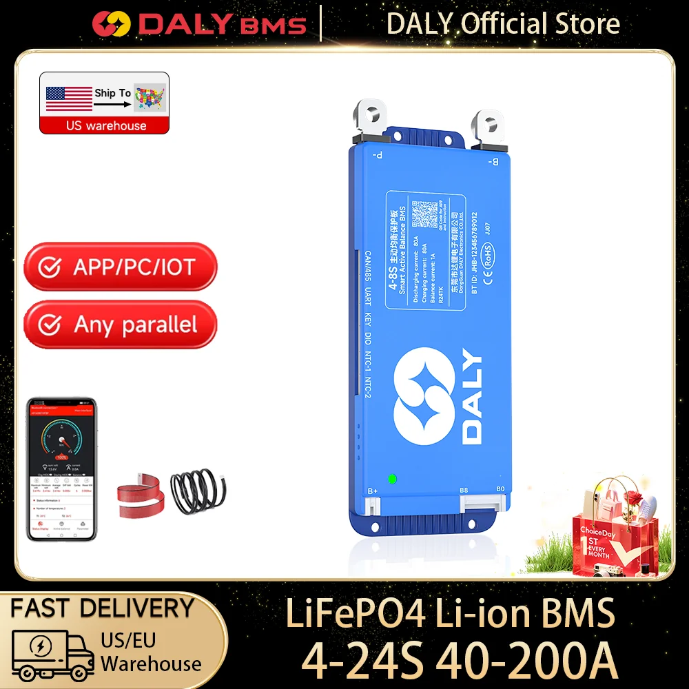 Daly bms BMS inteligente 4S lifepo4 bluetooth Wifi bms 8S 24S 40A 60A 80A 1A equilibrio activo bms 16s 48v lifepo4 bms Lifepo4 100A