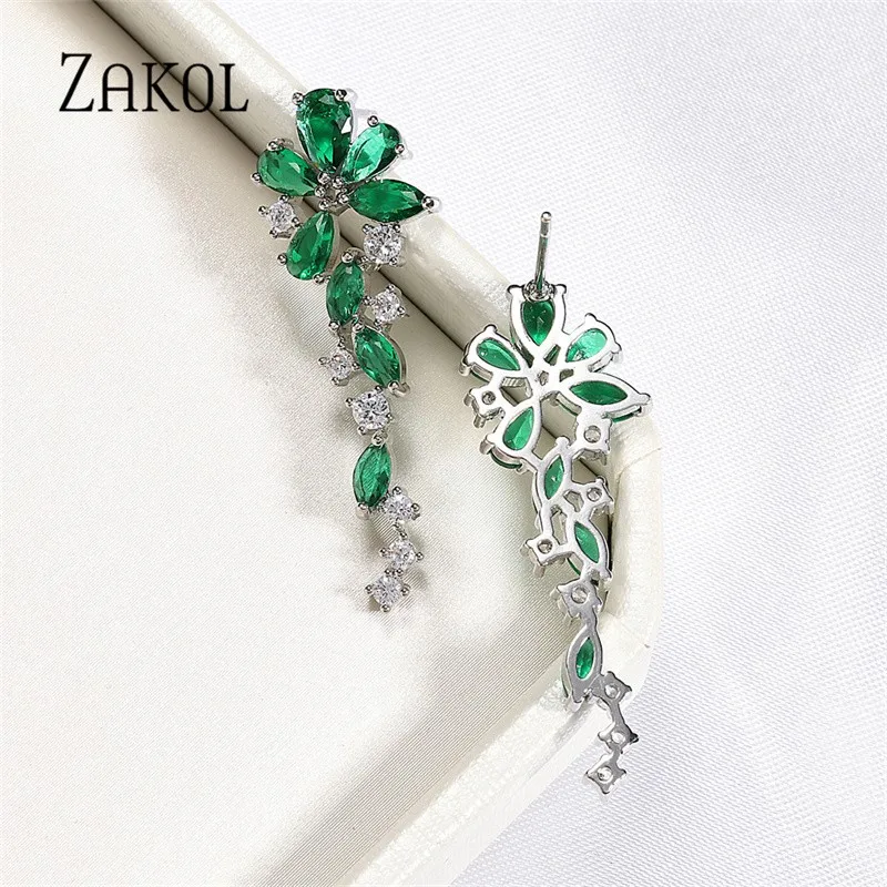 ZAKOL Shiny AAA Cubic Zirconia Flower Dangle Earrings for Women Fashion Green Crystal CZ Bridal Earring Dinner Wedding