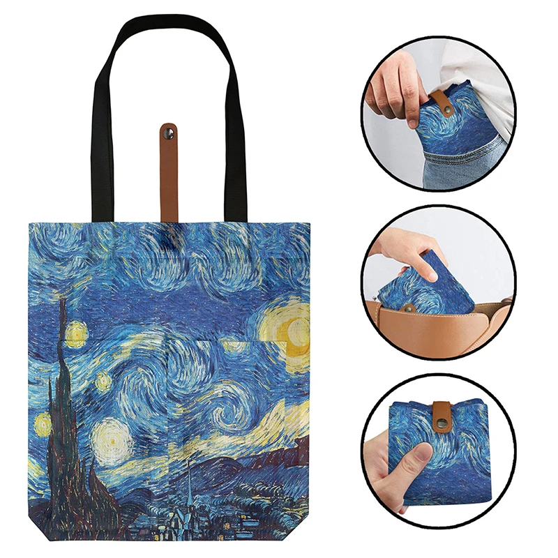 1 Stuk Polyester Olieverfschilderij Van Gogh Print Draagtassen Herbruikbare Boodschappentas Voor Boodschappen Schoudertassen Thuis Opbergtas