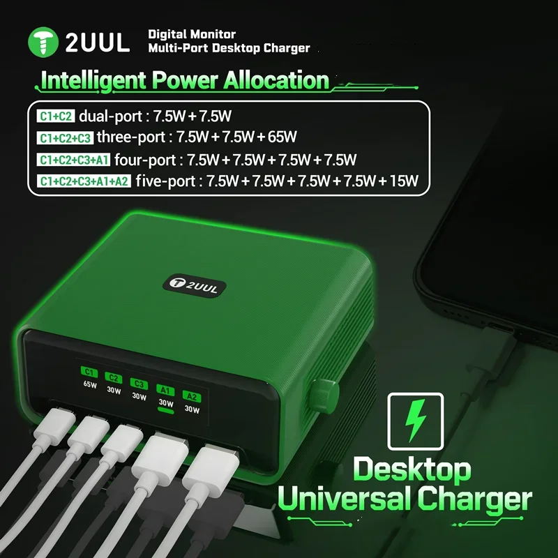 2UUL PC12 100W Digital Monitor Multi-Port Desktop Charger 3 Type-C 2 USB-A Fast Charging Station for Phone Tablet Laptop