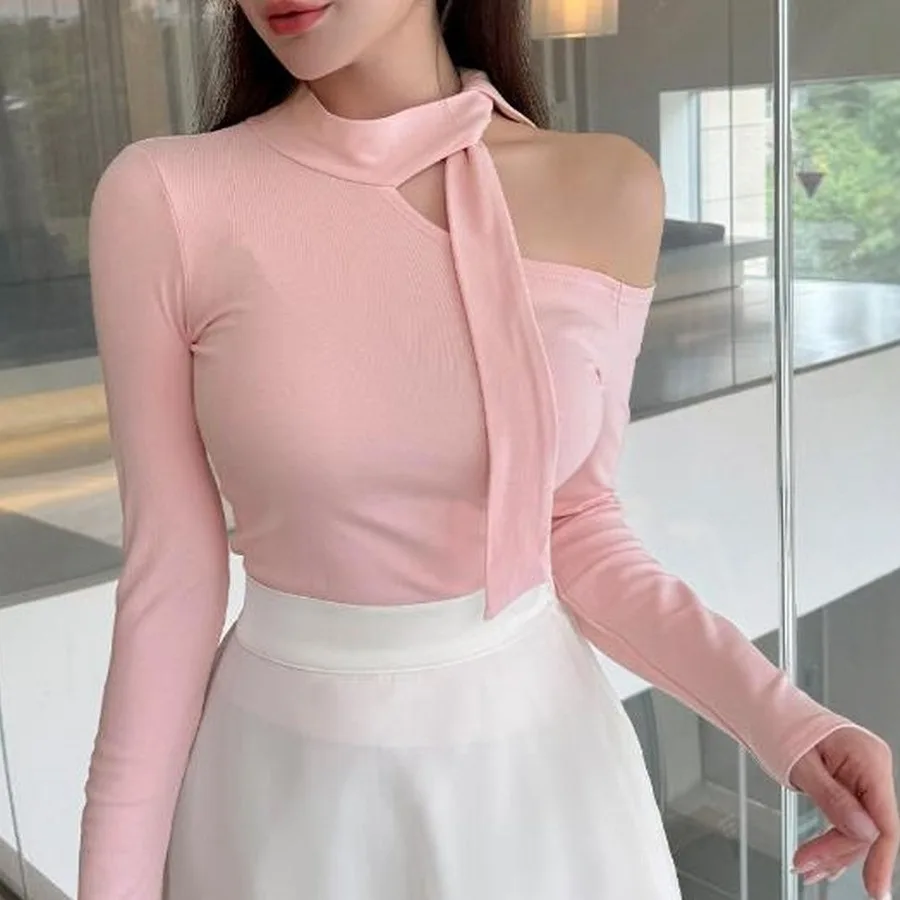 

Tight Asymmetrical Women's Top Korean Dongdaemun Women's Sexy T-shirt Long-Sleeve 2026 Spring Summer Off-Shoulder Tee Shirt