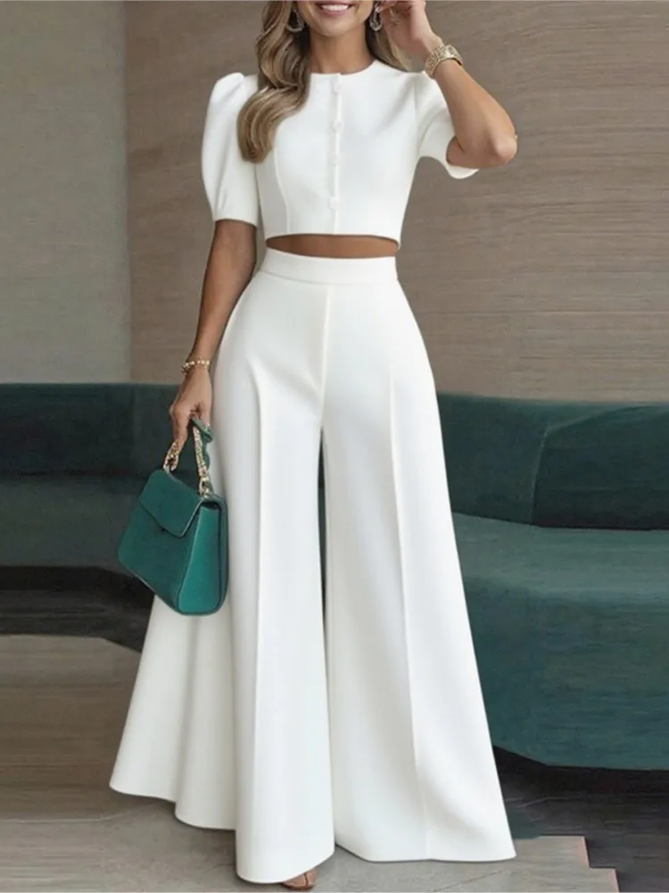 

Casual Solid Color Two piece Elegant Short Top Wide-leg Pants Suit Elegant Commuting Office Work Clothes Business 2-pieces Set