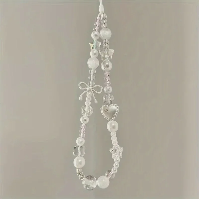 Korean Cute White Star Pearl Beads Phone Chain Trendy Pendant For iPhone Universal Accessories Lanyard Hanging Rope For Girl