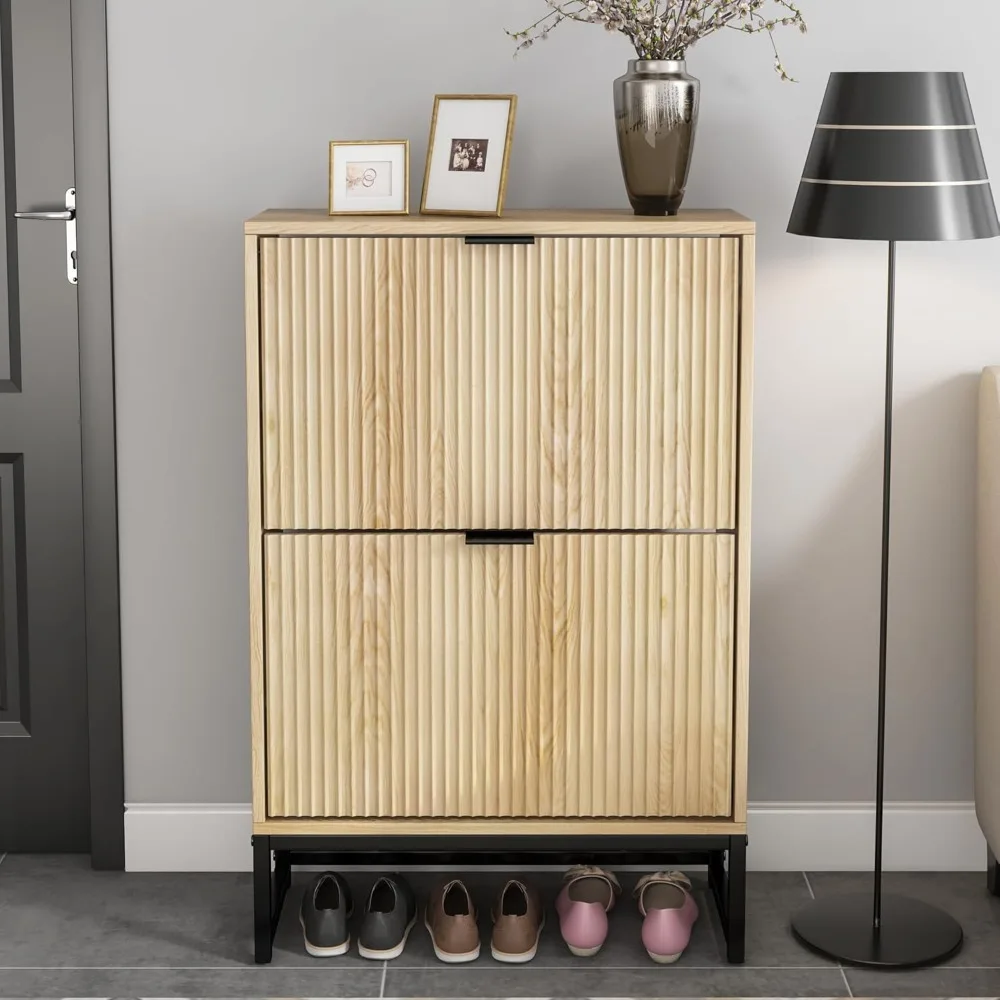 

Shoe cabinet storage space ultra-thin modern shoe rack cabinet with 2 flip drawers tilted wooden narrow shoe cabinet independent