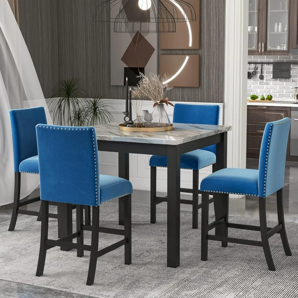 Dining Table Set for 4, Counter Height Dining Table Set with Faux Marble Dining Table and 4 Upholstered-Seat Chairs，5-PIECE Suit