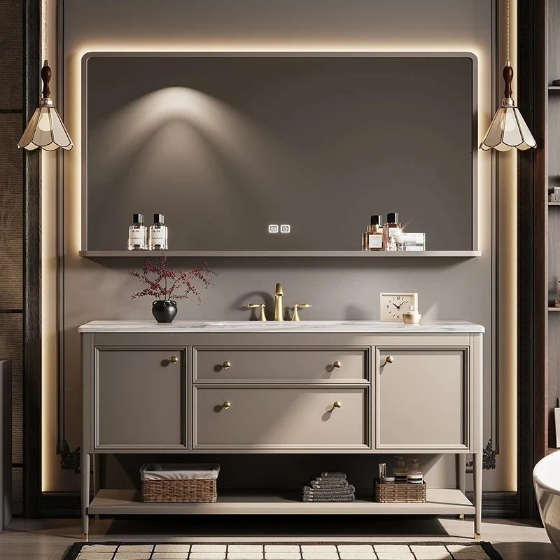 

oak French retro bathroom cabinet combined bathroom wash basin cabinet smart mirror cabinet floor-to-ceiling double basin