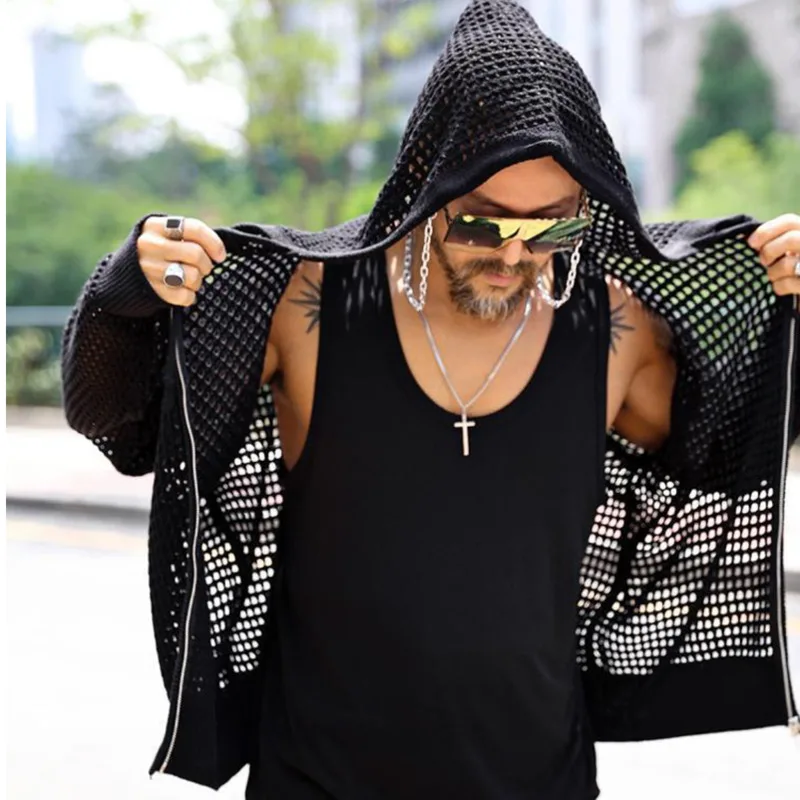 

Korean Summer Knit Hollow Out Shirt Cardigan Vintage Hooded Coat Casual Hip Hop Streetwear Harajuku Sun Protection Sweater Coat