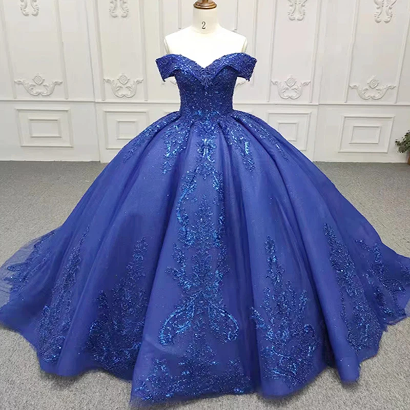 Exquisites romantisches Quinceanera-Kleid für Mädchen, blaues, trägerloses, schulterfreies Ballkleid mit Schnürung und Pailletten