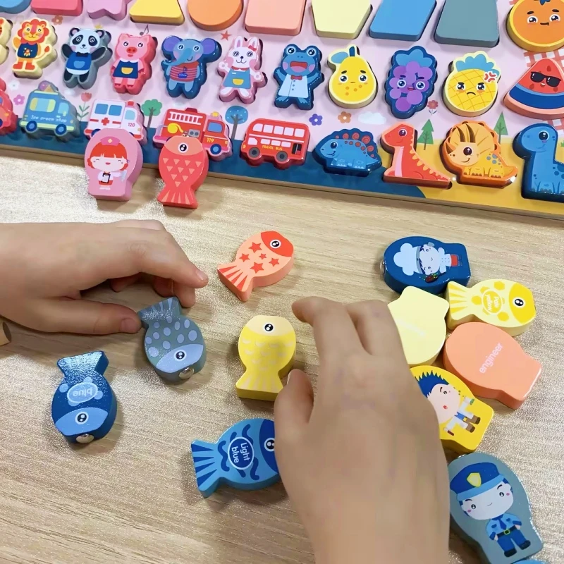 Wooden Puzzle Fishing Number Matching Count Board Shape Color Math Magnetic Toys For Toddlers Kids Montessori Educational