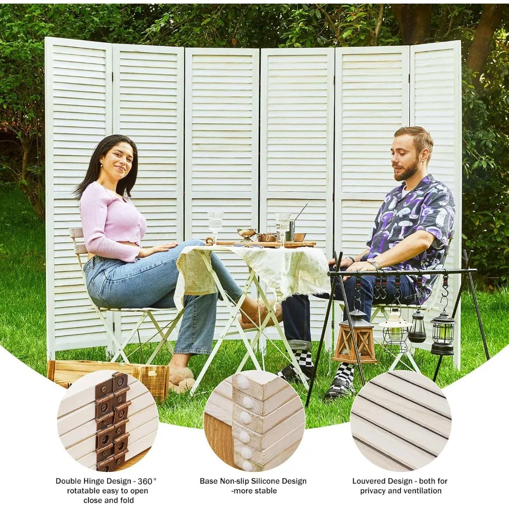 Wood Louvered Room Divider 6 Panels Folding Privacy Screen 67x90in White-Washed