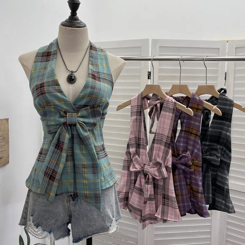 

Женский шикарный и элегантный жилет с французским бантом и v-образным вырезом, бретелькой на шее, открытой спиной, сексуальный клетчатый жилет с принтом, топ без рукавов, уличная одежда 9237