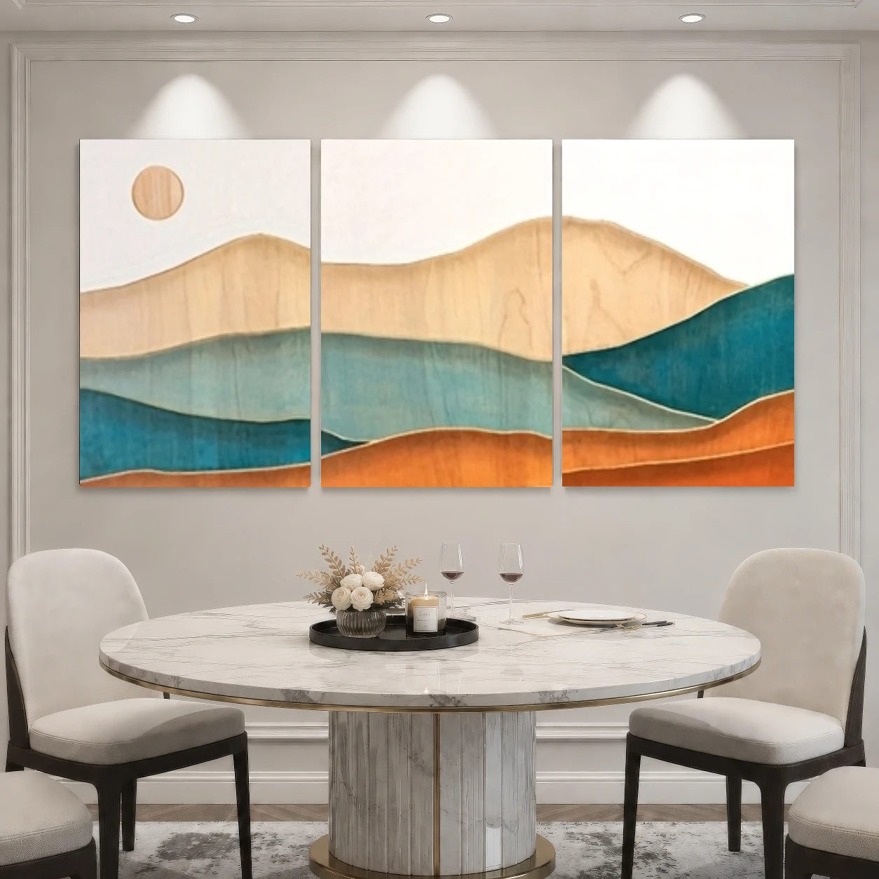 2D Flat, 3pcs Modern Abstract Wood Grain & Water Wave Wall Art Prints - Wood Frameless Panels Suitable for Living Room,, Blue