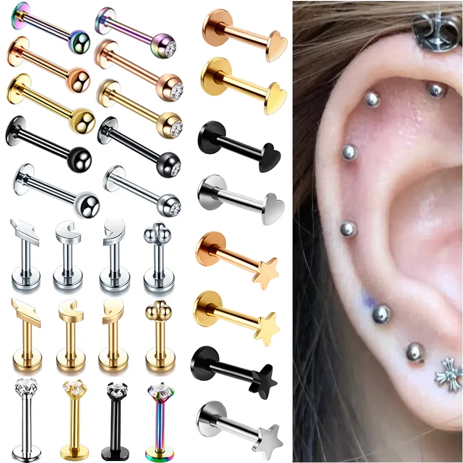 1PC Stainless Steel Labret Piercing Ball Star Heart Moon Ear Lobe Helix Trague Conch Stud Earring Piercing Body Jewelry