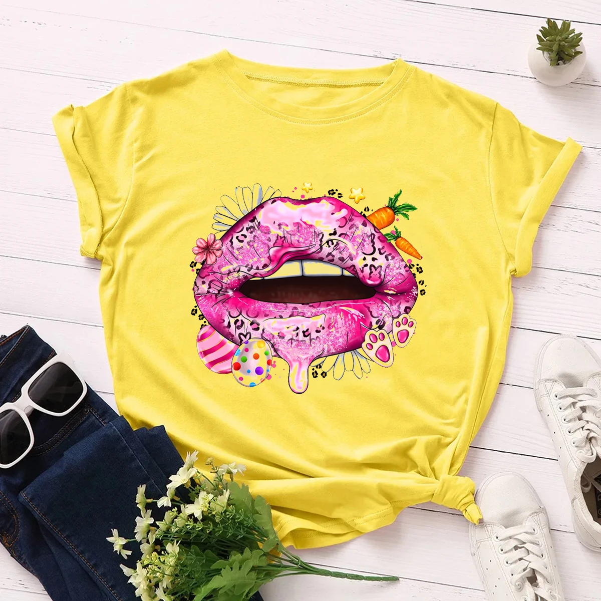 

Women'S T-Shirt Colorful Tie Dye Lips Print Short Sleeve Tee Fashion Trend Femme T Shirt Summer Yellow Shirt Tops Wholesale