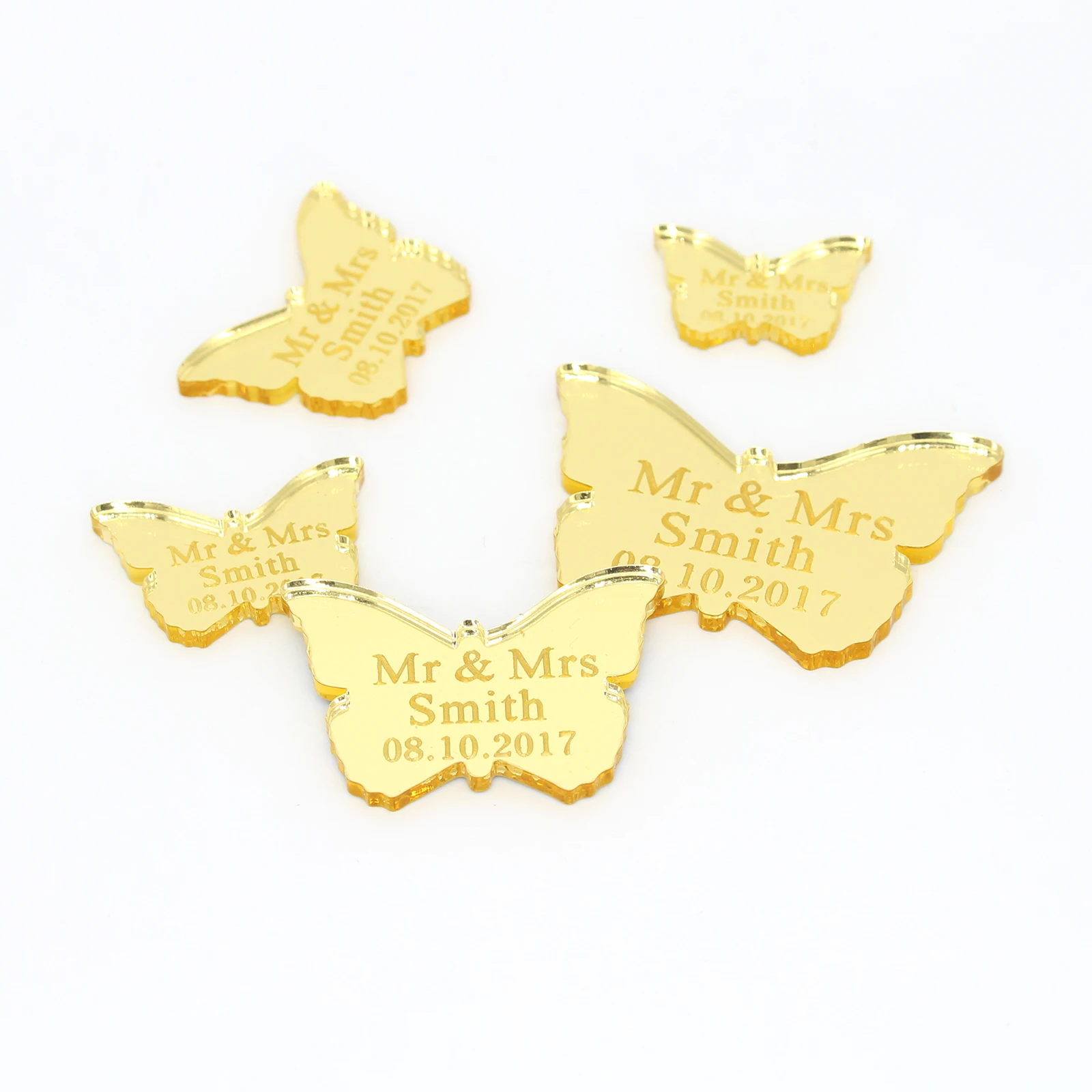 30/50/100pcs Personalized Acrylic Butterfly Custom Wedding Name Baby Baptism Mirror Silver Gold Engraved Tag Decoration Gift