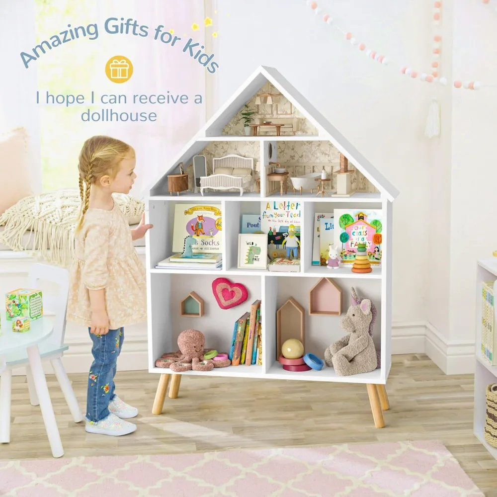 Kinderpoppenhuis Boekenplank En Babyopslag-Houten Poppenhuis Boekenkast Met 4-Tier Opslag Display Organizer, Kinderboek