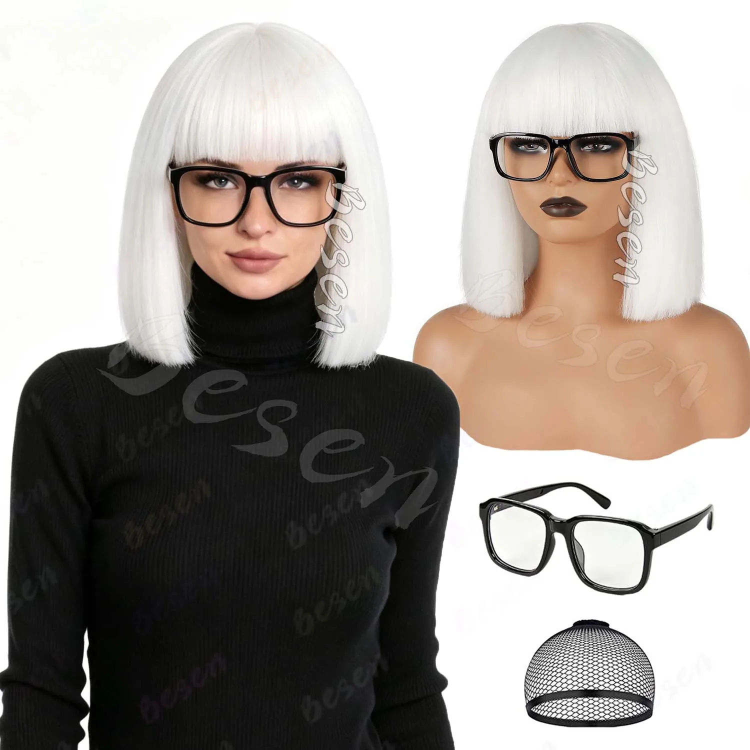 Synthetic White Bob Wig with Bangs for Men Women,Gabologian Yaki Bob Wig+Glasses Frame,Lady Gaga Wig for Halloween Cosplay Party