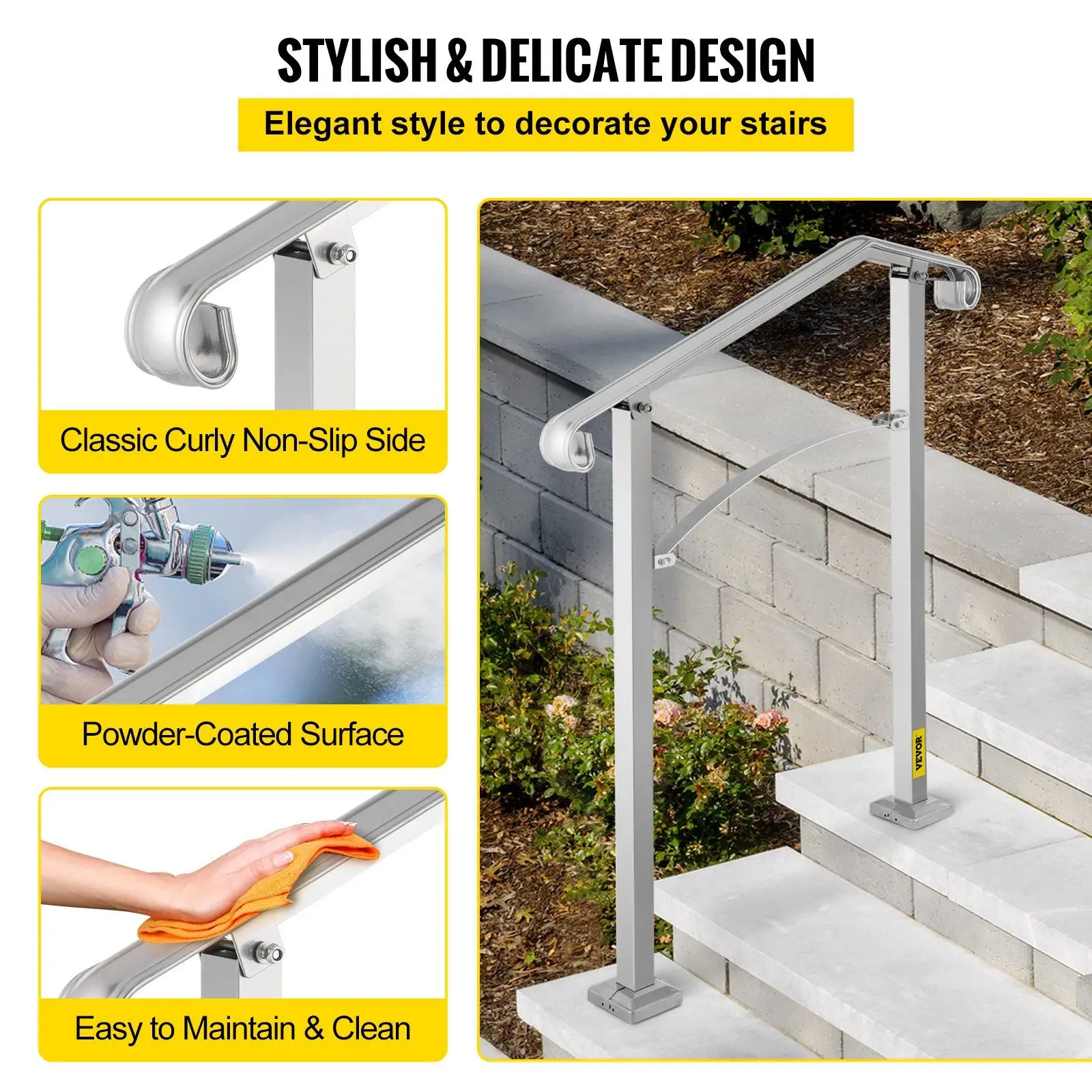 Powder-Coated Silver Handrail for 2-3 Outdoor Steps, 37.8" Post, Includes Installation Kit, Alloy Build
