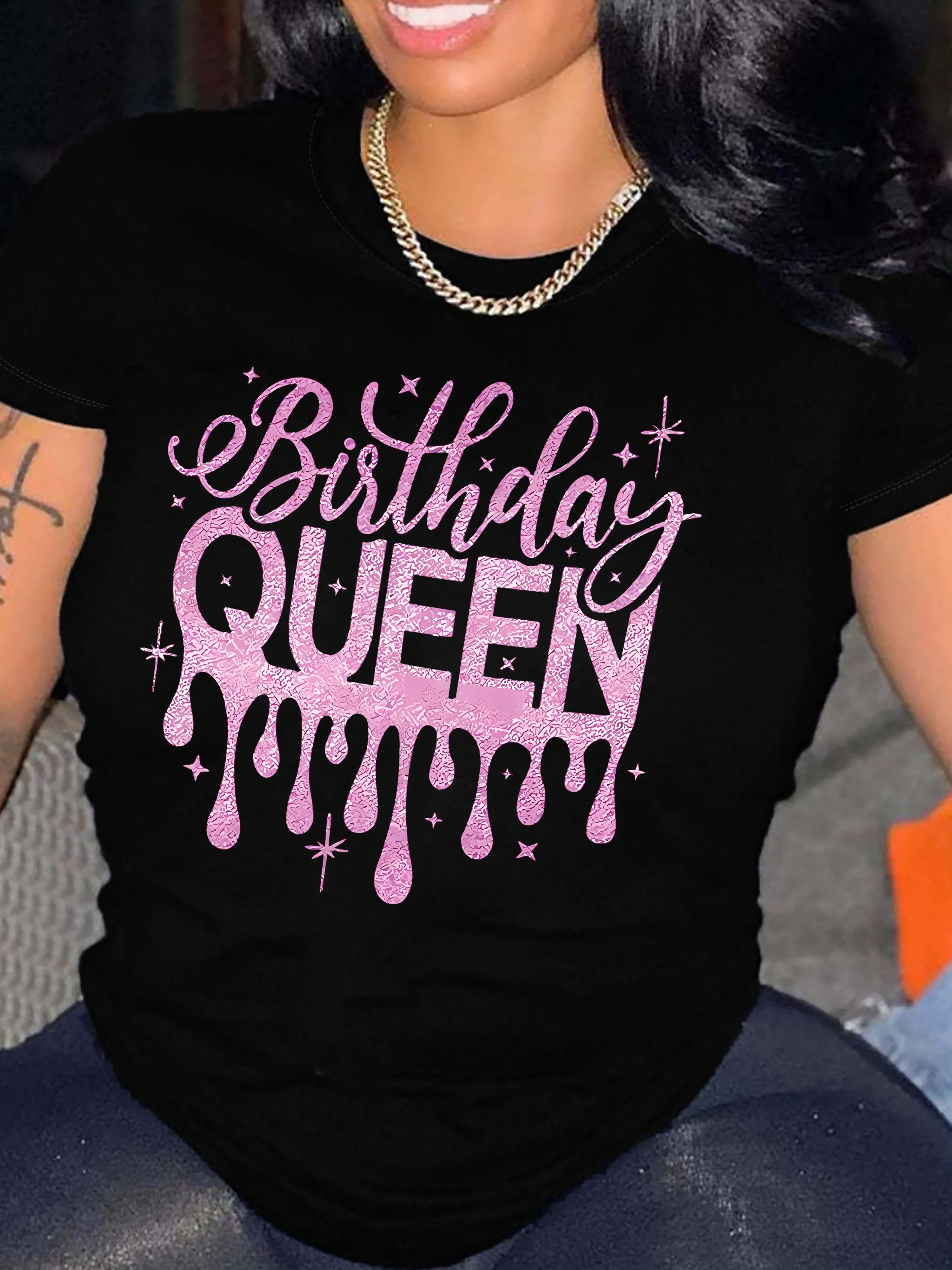 

party Birthday Queen Print T-shirt, Casual Short Sleeve Crew Neck Top For Summer & Spring, Women's Clothing