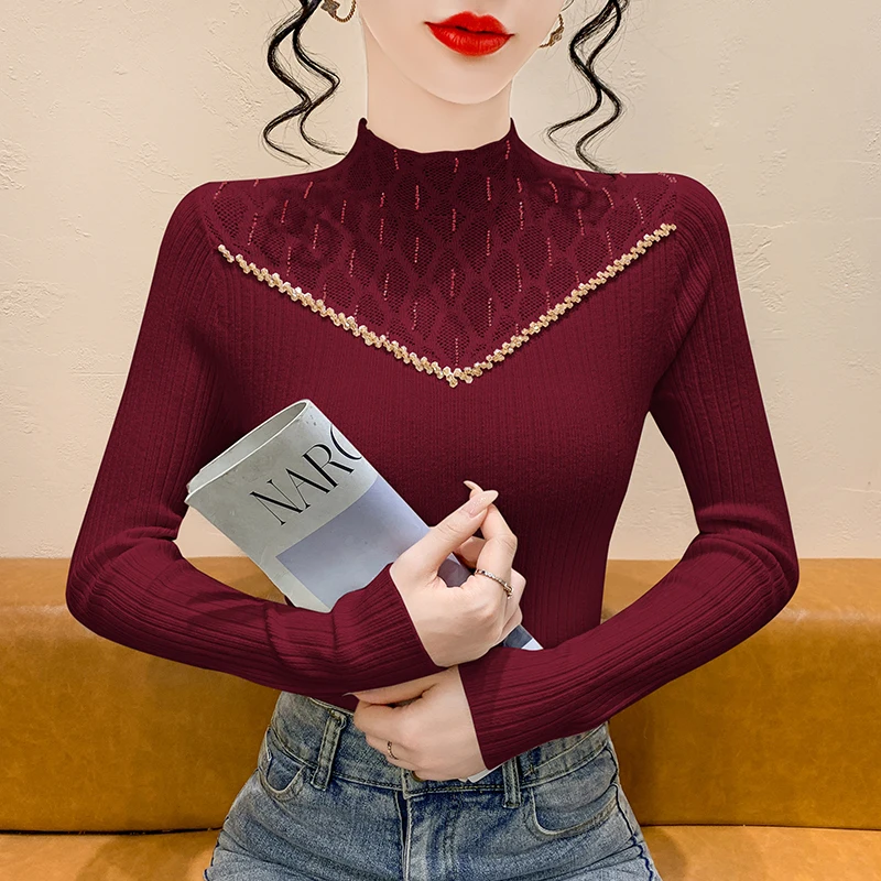 

Ele Knitted Slim Fit Base irt Women's Faionable Inner Wear High Collar Diamond Studded Long Sve Soft Korean Sle