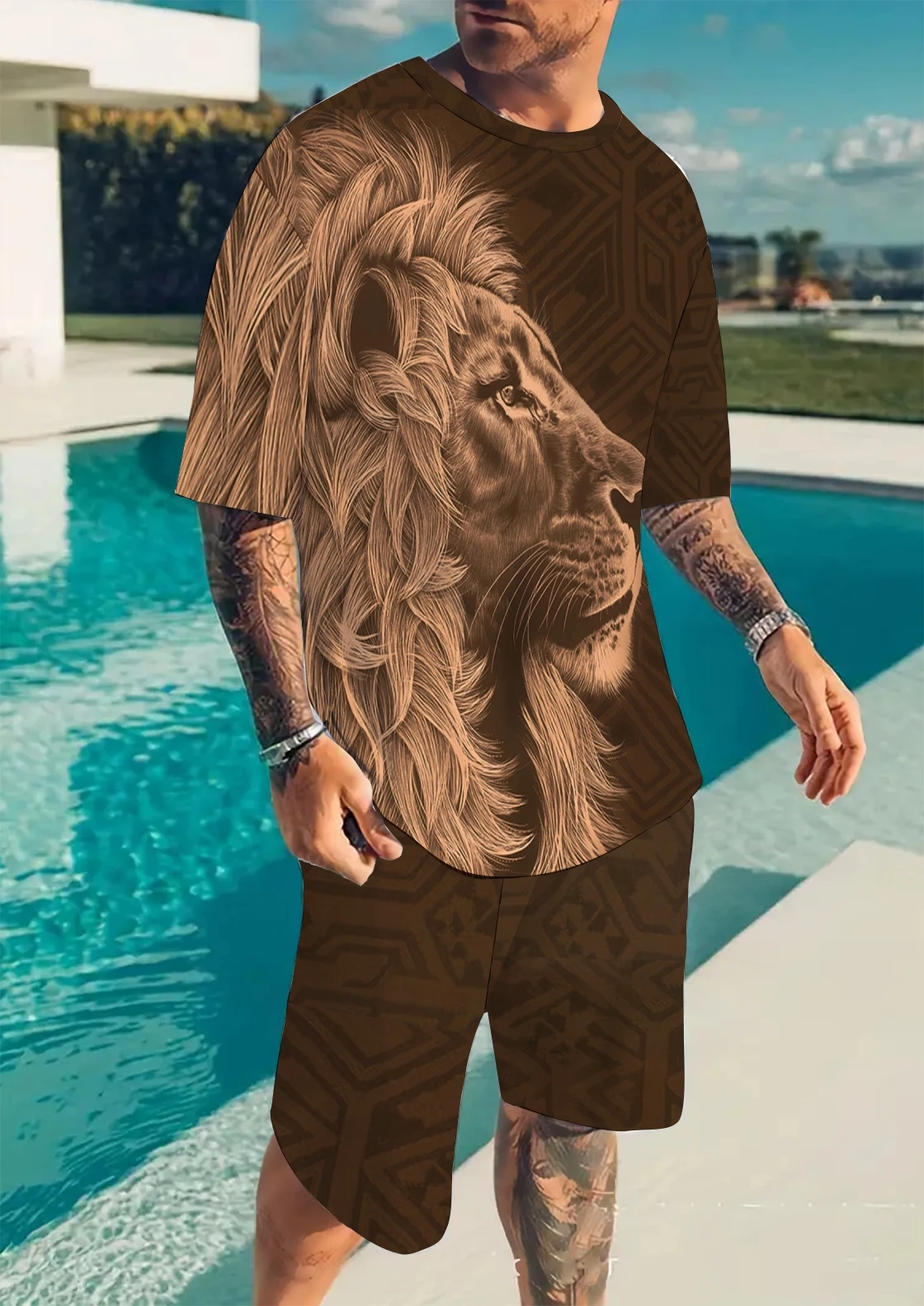 

Lion Pattern Men's Summer Outfits 2 Piece Tracksuits, Casual Short Sleeves Shirts Tees & Shorts, Sports Suit