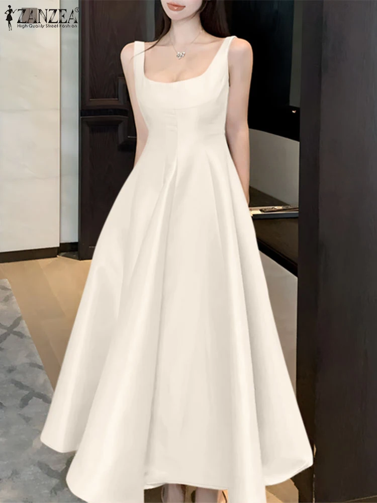 Stylowa damska długa sukienka seksowna sukienka bez rękawów ZANZEA elegancka kwadratowa szyja satynowa sukienka letnia szata Femme Clubbing Vestidos 2025