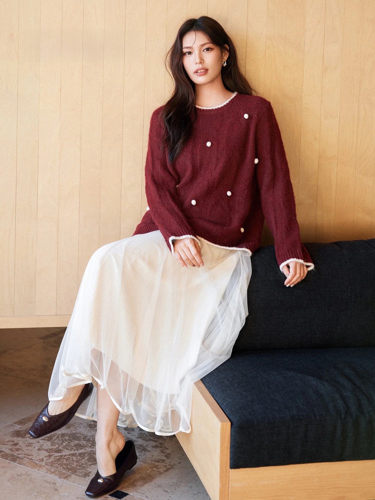 

Plusmall Autumn Winter Wool Blend Sweater Color Blo Hand Sewn 3D Texture round Ball Contrast Color Blo Long Sve W...