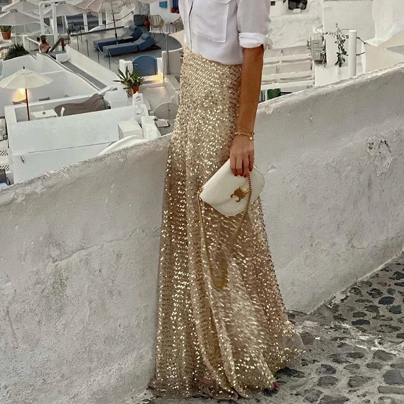 

Holiday Beach Bohemian Women Sequins Skirts Spring High Waist Slim Bodycon Long Skirt Autumn Elegant Office Lady Skirts Harajuku