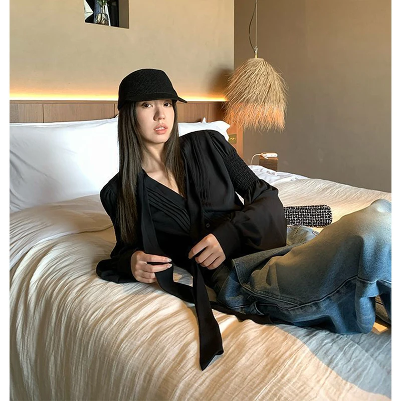 

MEXZT Streetwear Black Shirts Women Elegant Pleated Patchwork Chiffon Blouses Summer Fashion Korean Long Sleeve Design Tops New