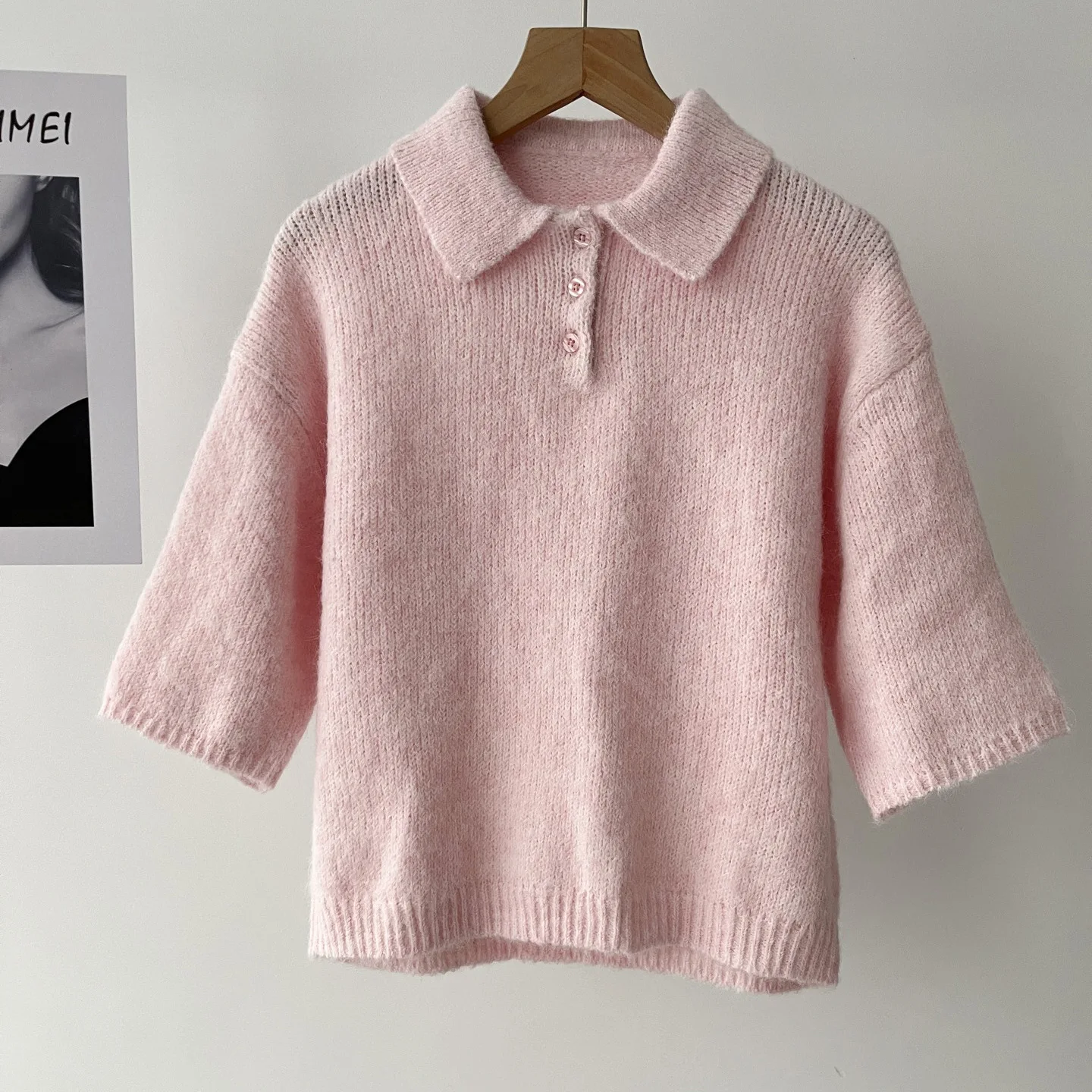 

Женская одежда, нежная розовая мягкая восковая трикотажная рубашка-поло с короткими рукавами, кардиган, осень 16a-1666