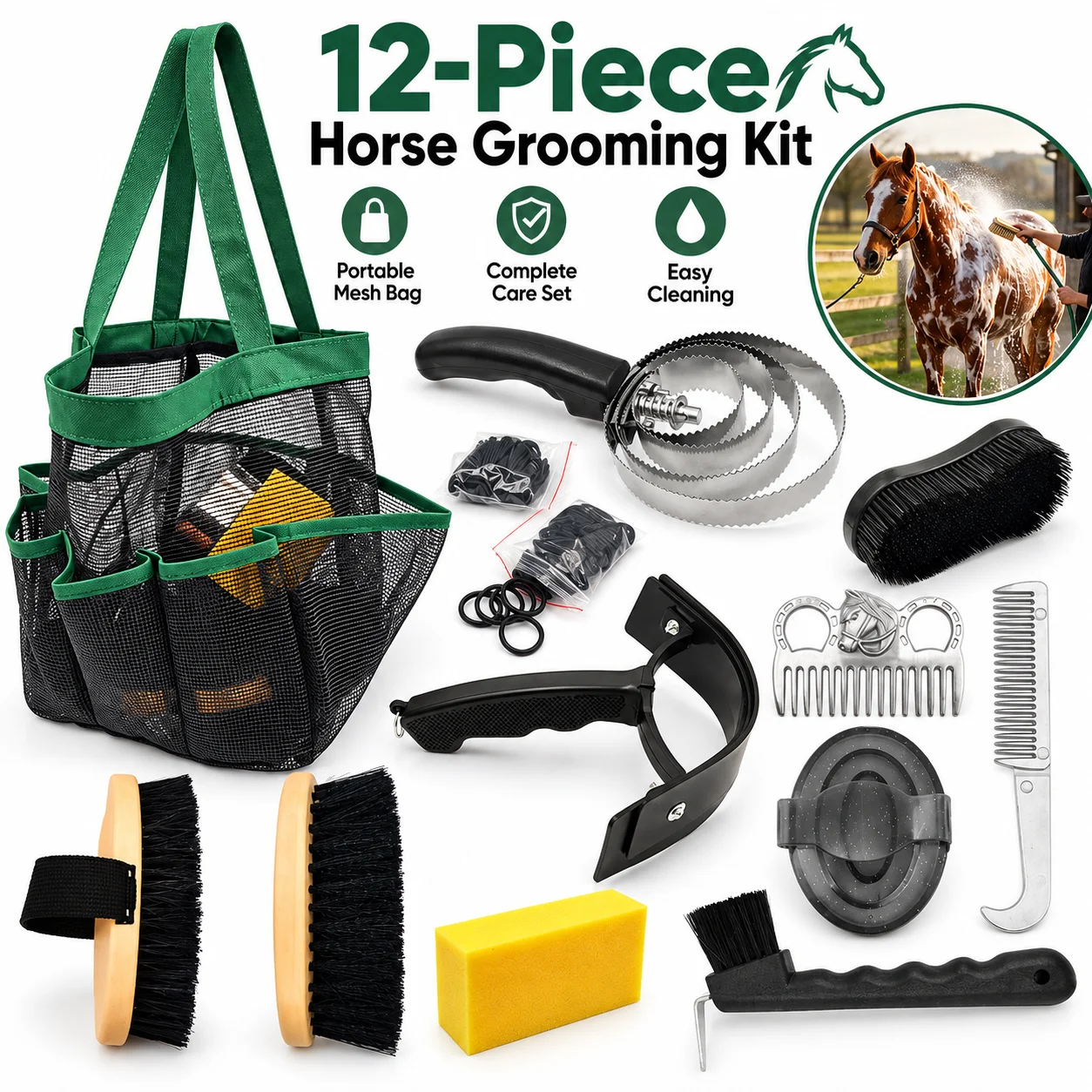 12Pcs Horse Grooming Kit Portable Mesh Storage Tote Equine Care Brush Set Curry Comb Sweat Scraper Hoof Pick Equestrian Supplies