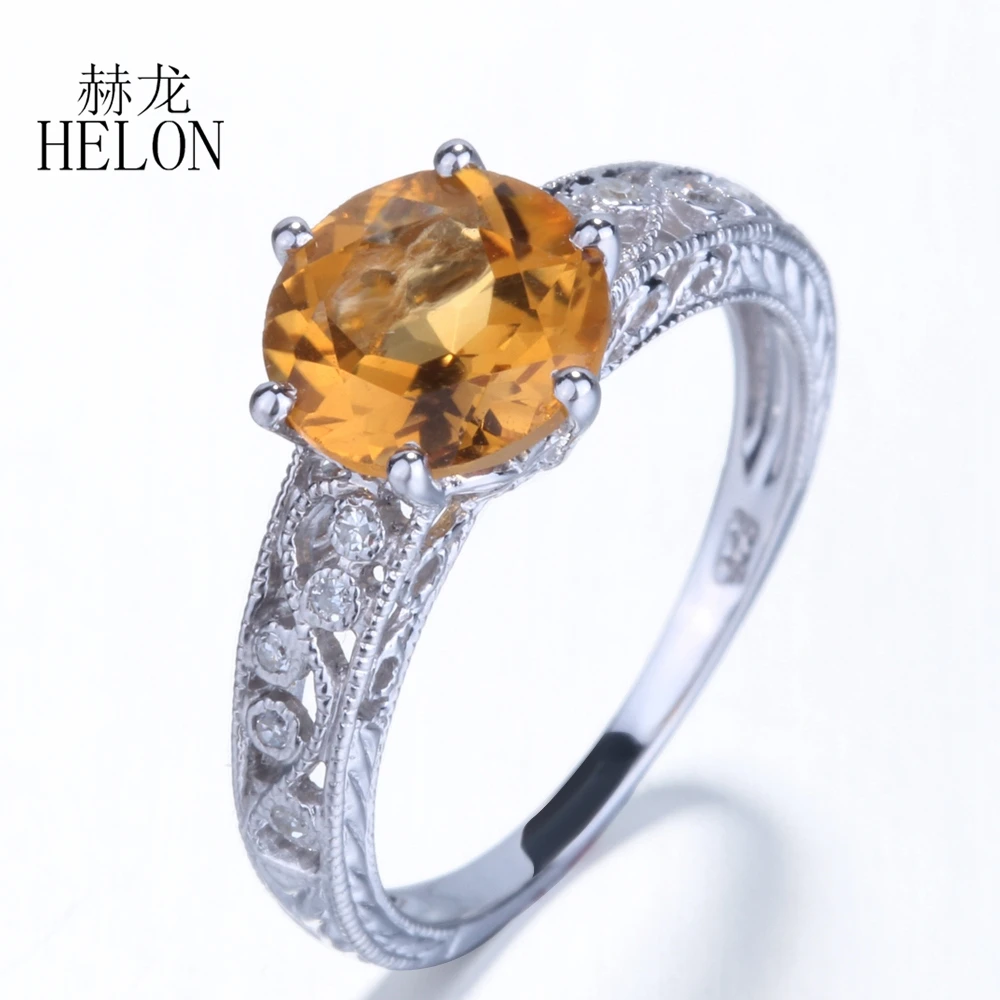 HELON Flawless Round 7.5mm Natural Citrine Solid 14K White Gold Diamonds Engagement Wedding Ring For Women Vintage Fine Jewelry