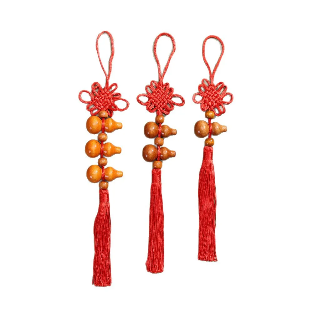 Natural Peach Wood Gourd String Hanging Ornament, Chinese Knot Tassel, Home Wall Door Decor for Living Room Bedroom, Car Pendant
