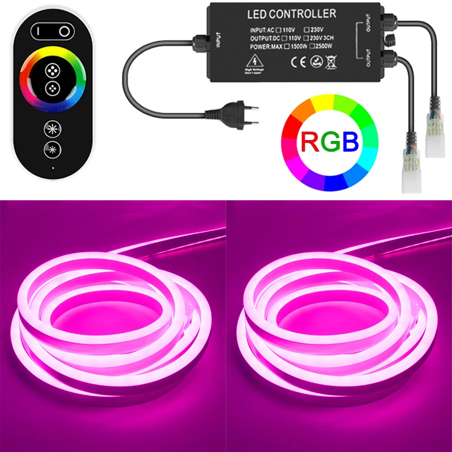 

RGB LED Neon Strip Light 220V EU Flexible Tape Waterproof IP67 Neon Sign Lamp 2500W RF Remote Control Dimmable LED Strip Light