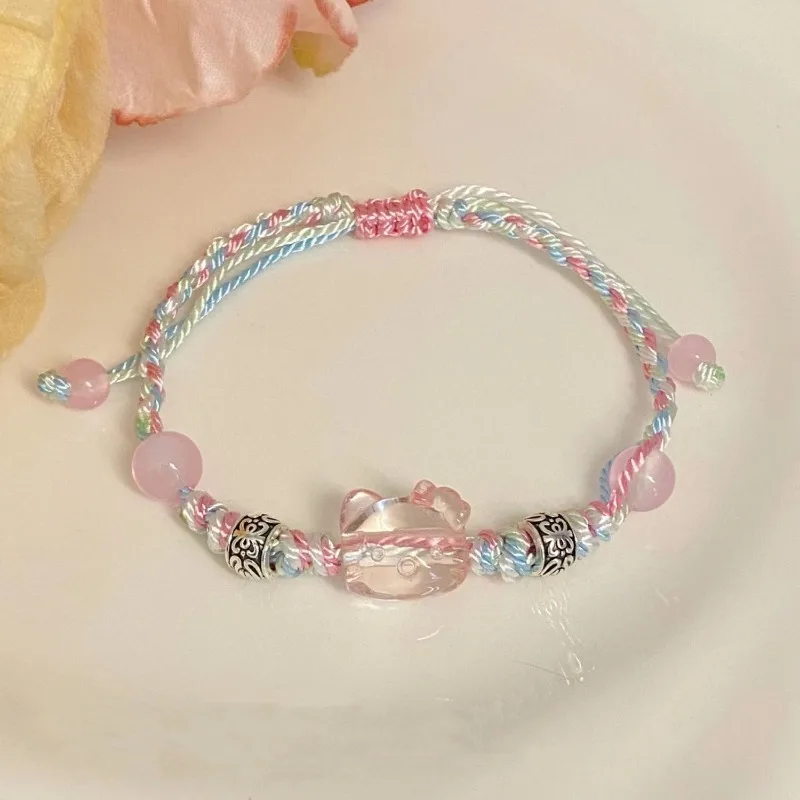 

Hello Kitty Cotton Hemp Knitted Colorful Rope Bracelet for Women New Cute Cartoon Character Cat Hand Rope Warm Gift for Girls