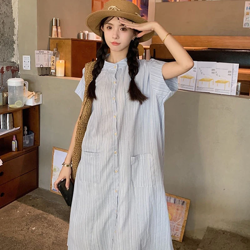 

Striped Short Sleeve Shirt Dress For Women Summer Loose Fitting Mid Length Dress