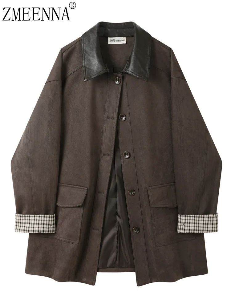 

ZMEENNA Womens Brown Faux Suede Jacket With Black PU Leather Collar Single Breasted Coat Plaid Cuff Detail Fall ZM4283