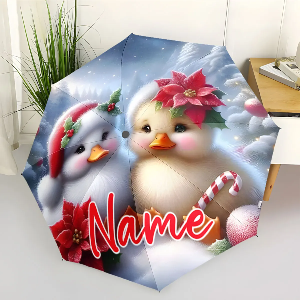 Custom Name Festive umbrella featuring adorable birds and holly Print 8 Iron Ribs Folding Umbrella Auto-Open Fashion Sunshade