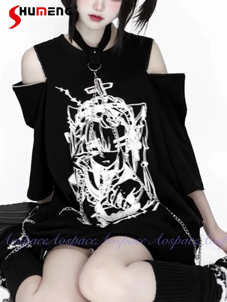 

Оригинальные японские субкультуры, аниме-принты, футболки для девочек, свободные повседневные рубашки с открытыми плечами и цепочкой, женские летние топы