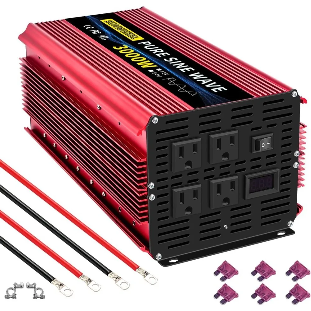 3000 Watt Pure Sine Wave Power Inverter DC 24V to AC 110V 120V Peak Power 6000W Car Inverter with 4 AC Outlets LCD Display