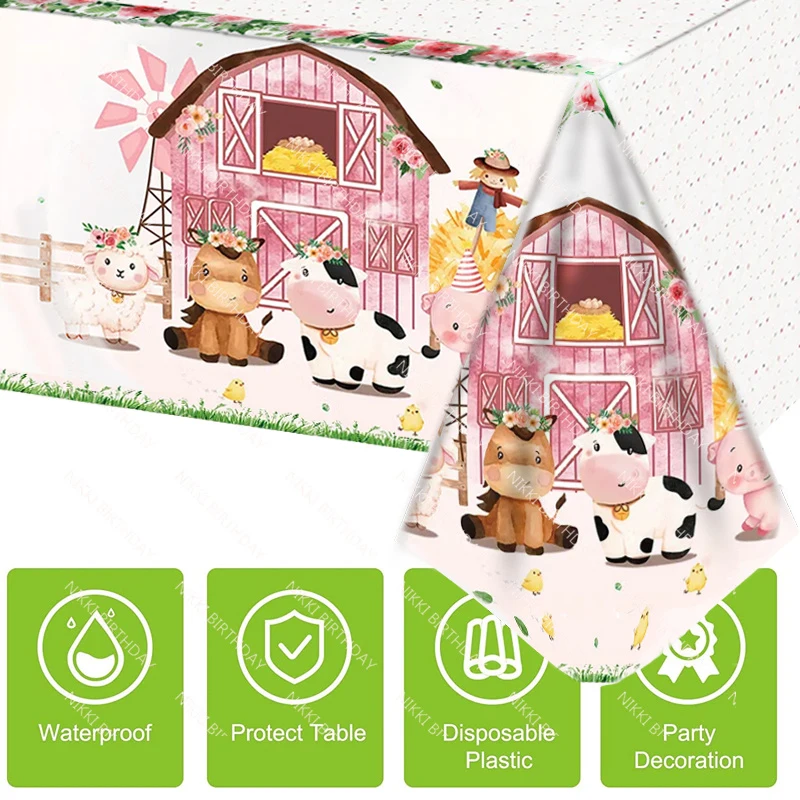 Rosa fattoria tovaglia animale per ragazza forniture per feste copritavolo tazze piatti Baby Shower decorazioni di buon compleanno