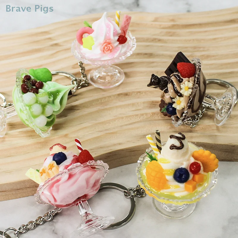 Simulation Ice Cream Keychain Creative Food Key Chains For Women Cute Imitation Sundae Dessert Cup Bag Pendants Key Ring Gift