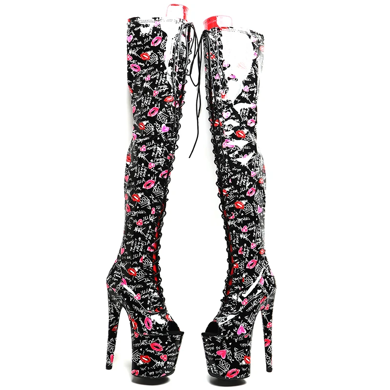 Leecabe   20CM/8inches  Patent  PU  Love  lip print  Trend fashion Open toe   High Heel platform stripper heel  Pole Dance boots