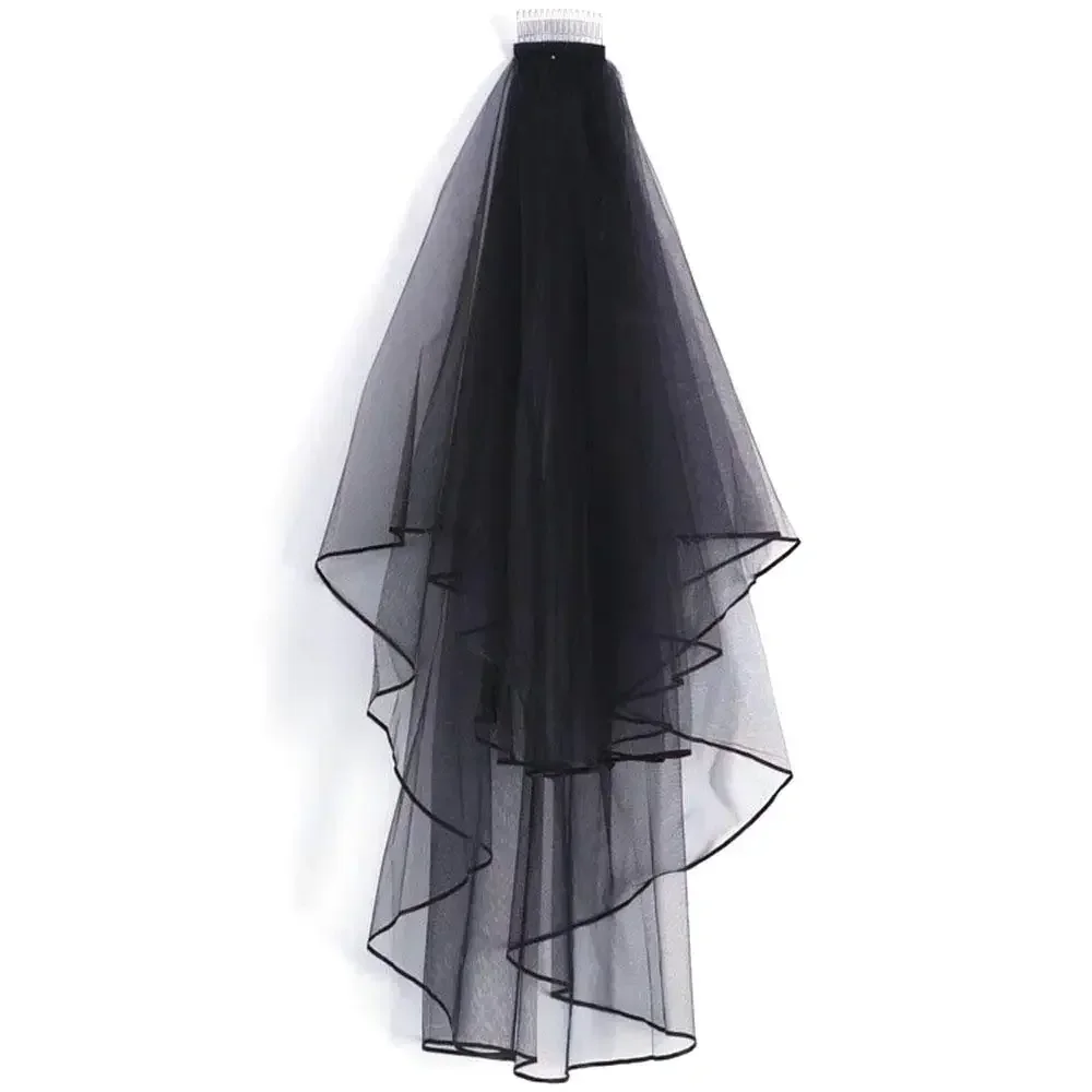 Rustic 2 Tier Elbow Length Tulle Ribbon Edge Bachelorette 60cm-80cm White Ivory Black Red Blush Pink Wedding Veil