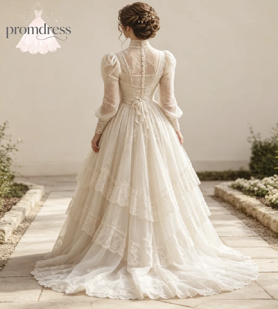 Ivory Edwardian Vintage Wedding Dress High Neck Lace Puff Long Sleeve Corset Bodice Tiered Ruffle Lace Boho Bridal Gowns 2027