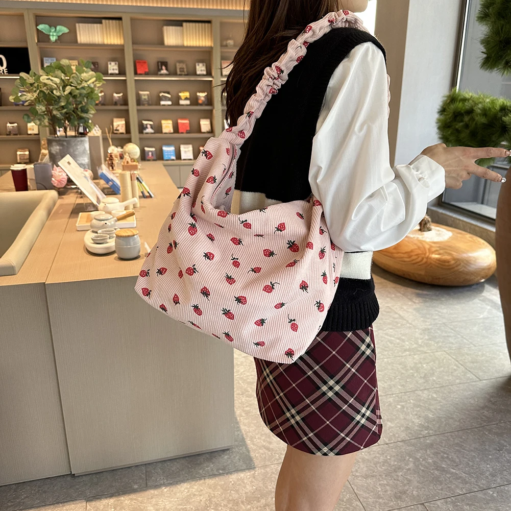 Strawberry Printed Shoulder Bag Women Cute Pleated Corduroy Cross Body Messenger Bag Large Capacity Female Travel Casual Bag