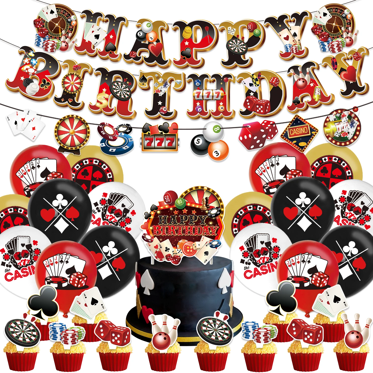 Casino-Geburtstagsparty-Dekorationen: Inklusive Banner, Cupcake-Topper, Papiergirlanden und Luftballons – Perfekt für Casino-Party-Zubehör